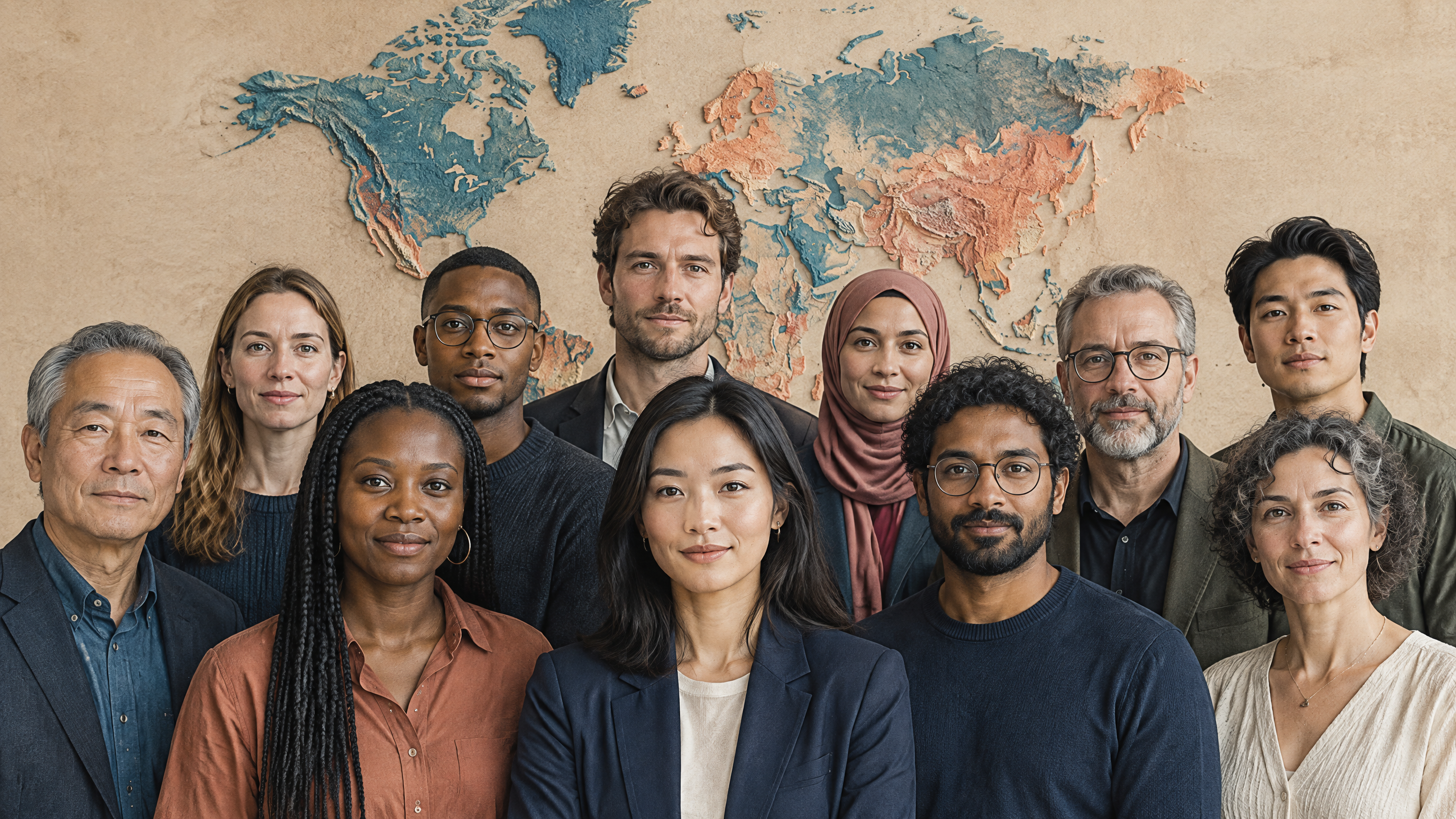 A global workforce standing in front of a world map