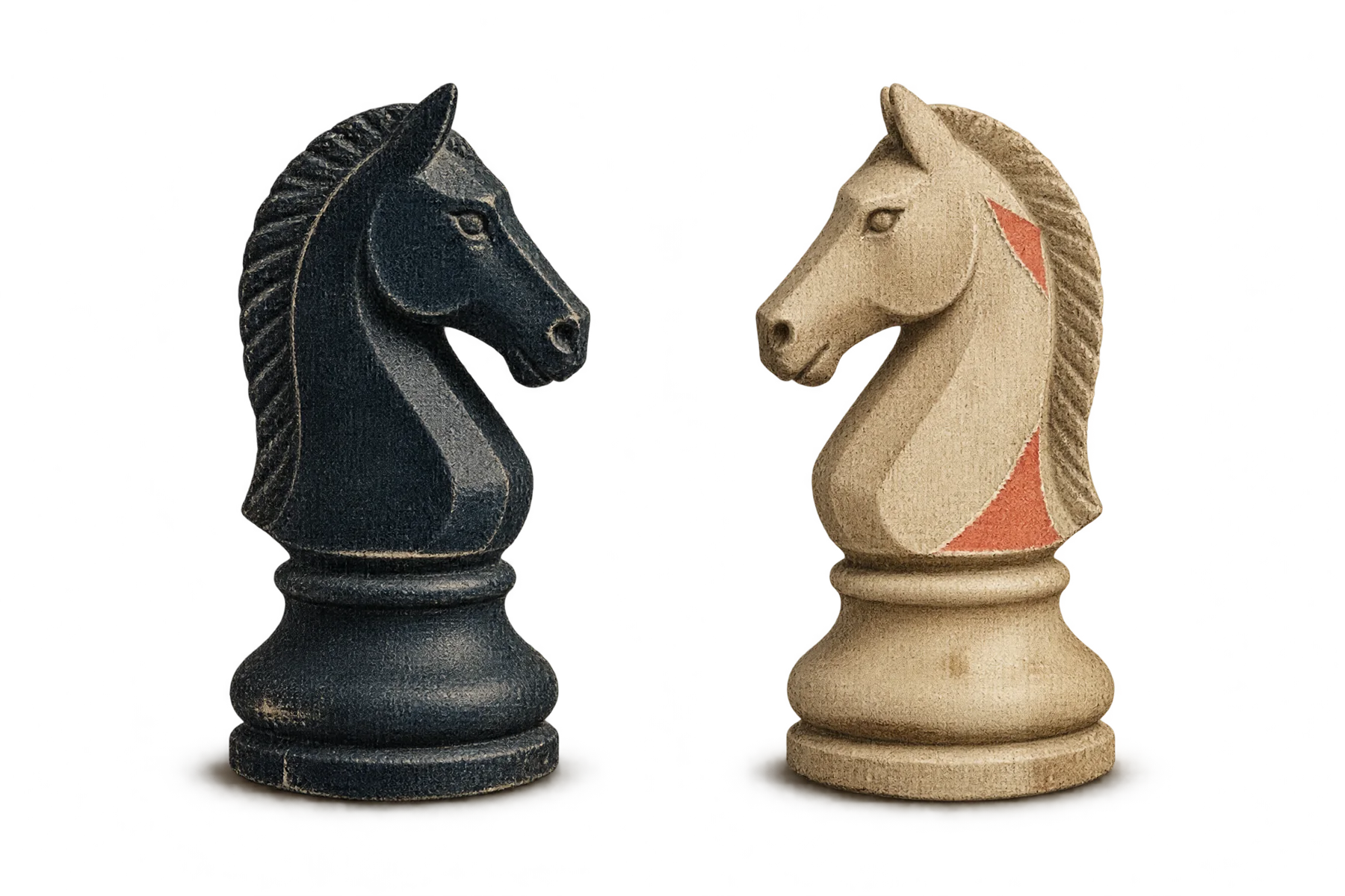 Two opposing physical chess knight pieces