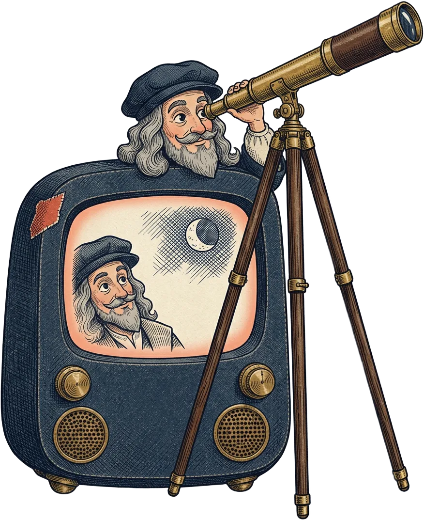 DaVinci, the desk's vintage TV, looking through a brass telescope