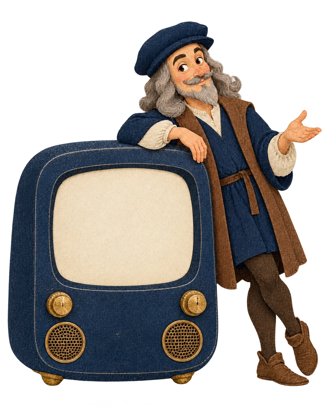 DaVinci, a friendly cartoon inventor leaning on a vintage terminal