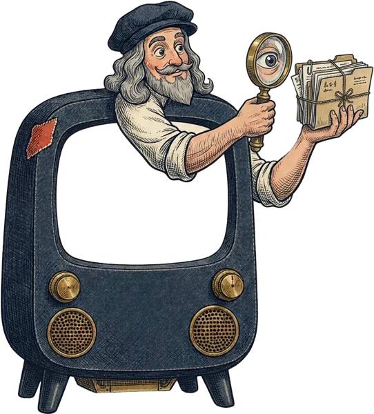 DaVinci inspecting company files through a magnifying glass