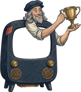 DaVinci holding up a brass trophy