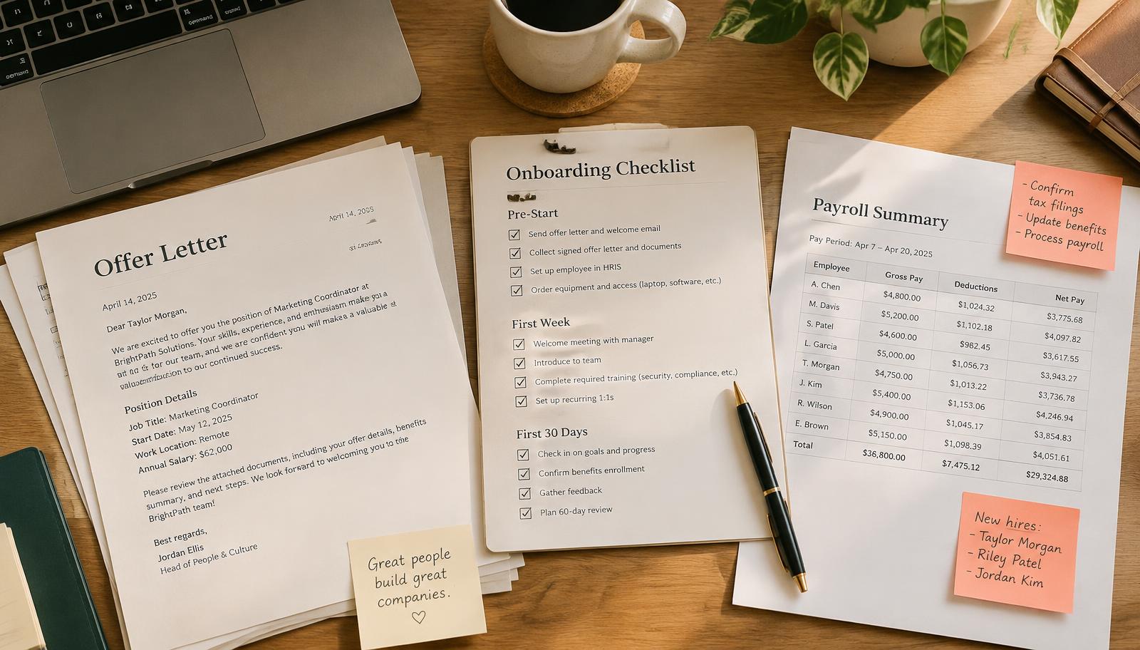 An HR desk with an offer letter, onboarding checklist and payroll summary